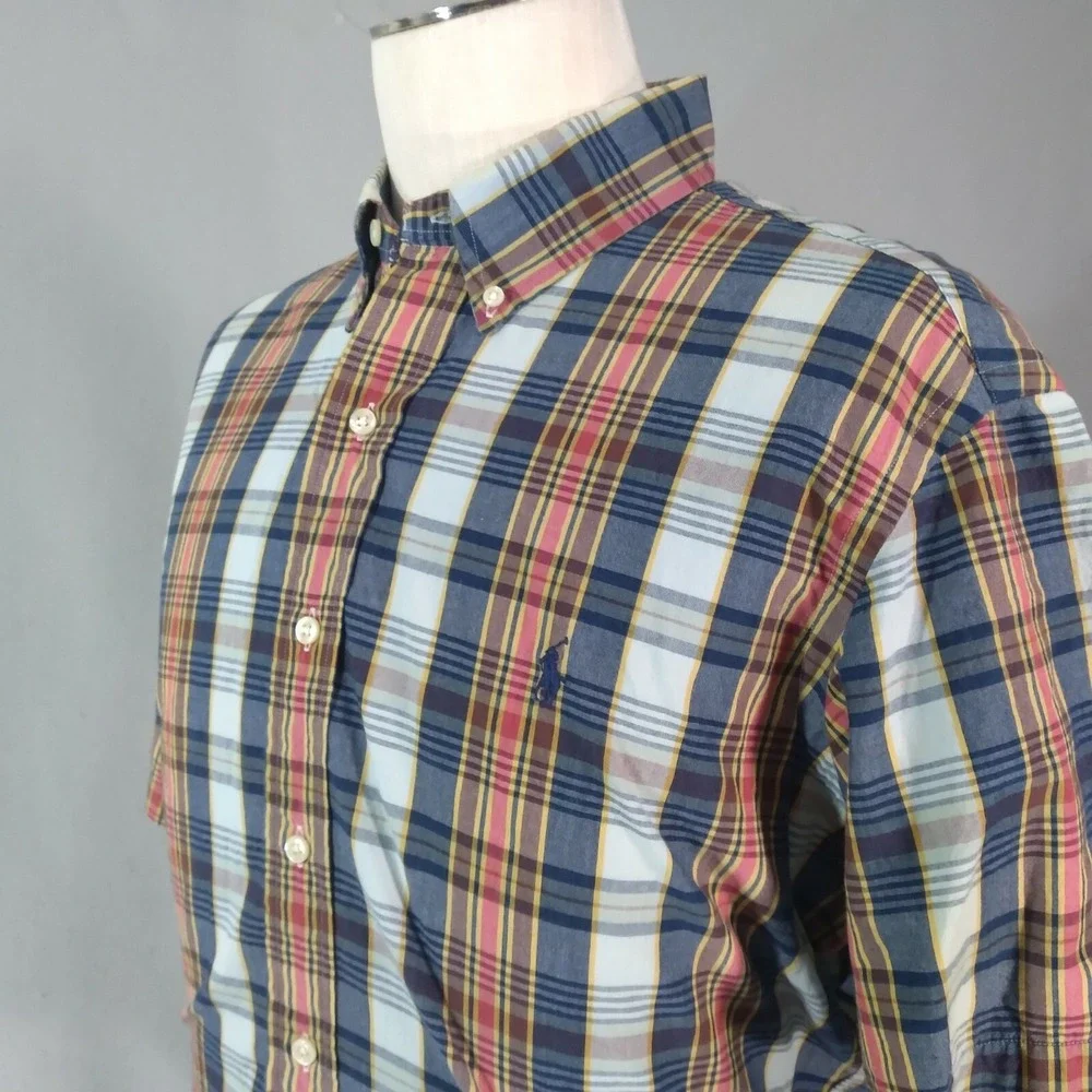 Ralph Lauren shirt mens large blue plaid shorts sleeve cotton Preppy retro